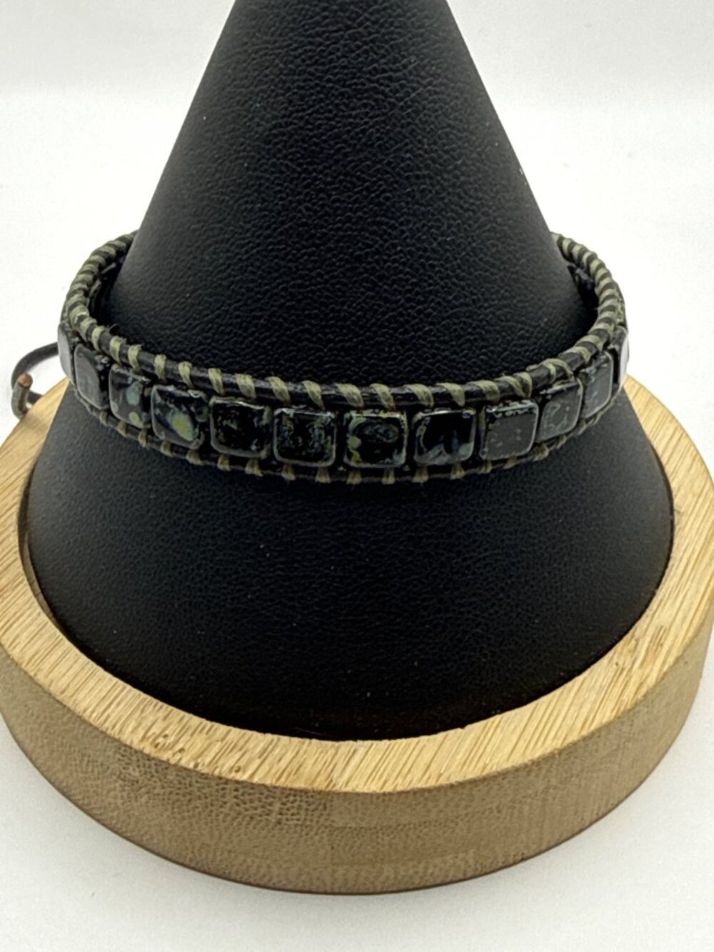 Boho Leather Wrap Bracelet Dark Green Square Tile Tila Bead Goblincore
